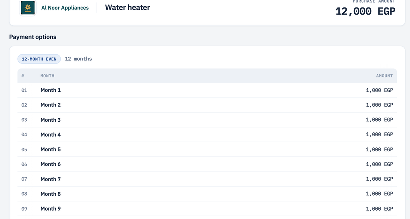 The buyer evaluation screen: a green verdict and a month table with green band chips