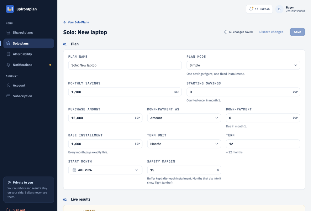 The upfrontplan app: a laptop plan with a green verdict and a live month-by-month schedule