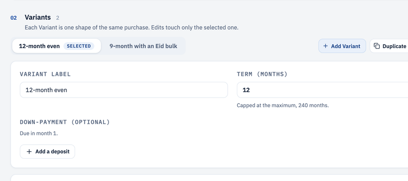 The seller editor: plan variants, installment rules, and live compiled schedules